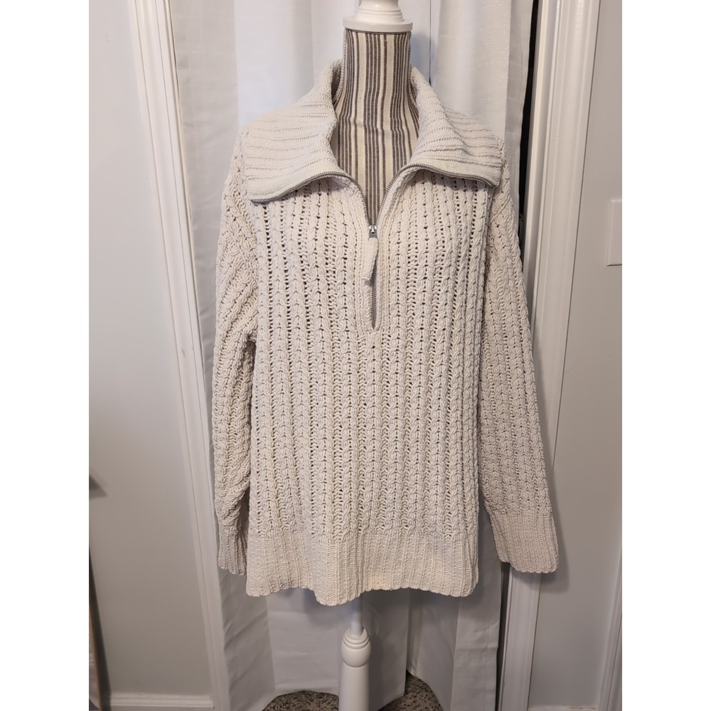 AERIE Cable Knit Cream 1/4 Zip Oversized Chunky Knit Sweater Lightweight Sz XL
